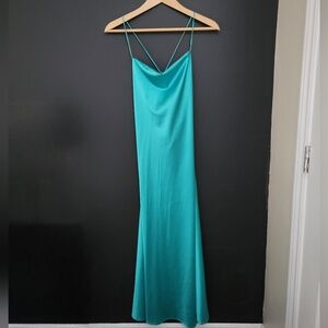 Teal Satin Slip Dress With Open Back